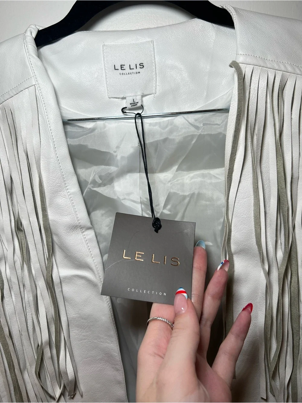 Le Lis NWT White Fun Fringe Faux Leather Cropped Jacket V Back Detail